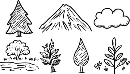 Hand-drawn nature elements vector set doodle pine tree mountain cloud tree river plant leaf illustration for graphic design environment concept sketch line art black and white isolated on white