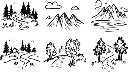 Hand Drawn Nature Landscape Vector Pack Doodle Mountains Trees River Forest Clouds Hiking Camping Travel Outdoor Adventure Wilderness Wild Black and White Illustration Set Clipart Graphics Design