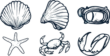 Hand Drawn Sea Life Vector Set with Seashells Starfish Crab Diving Mask Ocean Theme Nautical Marine Underwater Wildlife Doodle Illustration for Summer Vacation Beach Design Travel Logo Branding