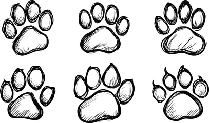 Set of Hand Drawn Vector Paw Prints Animal Footprint Dog Cat Pet Sketch Doodle Illustration Icon Design Element Isolated on White Background Wild Life Canine Mammal Track Mark Symbol Graphic Clipart © Hoody Baba