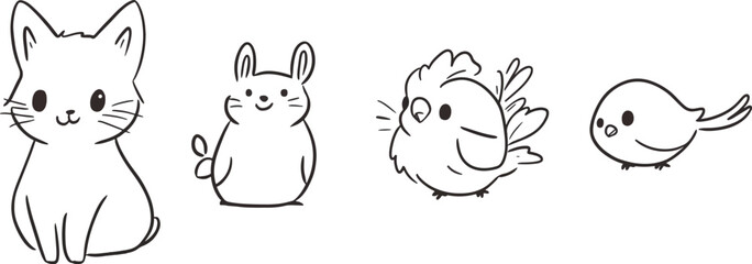 Cute Animals Vector Illustration Set Featuring Cat Rabbit Parrot and Bird Ideal for Childrens Books Greeting Cards Apparel and Home Decor Products Line Art Style Doodle Kawaii Design Pet Lovers
