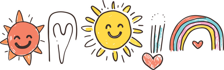 Cute Hand Drawn Vector Illustration with Smiling Suns Rainbow and Hearts Ideal for Childrens Books Greeting Cards Posters Apparel and Home Decor Projects Whimsical and Playful Design Elements