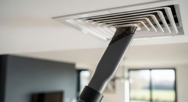 Vacuum Nozzle Cleaning Dust from Ceiling Vent in Modern Interior for Home Maintenance, Cleaning Services, DIY Guides, and Home Improvement Blogs