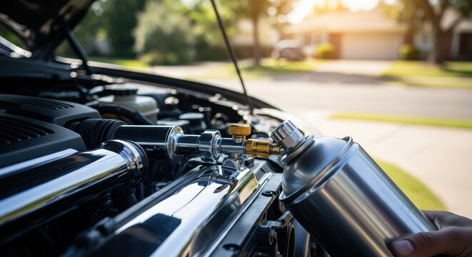 Refrigerant Can Attached to Vehicle AC System with Chrome Engine Parts for Automotive Blogs, Maintenance Websites, Car Repair Guides, and DIY Content