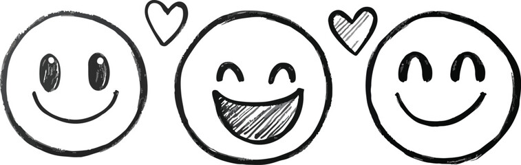 Hand-drawn smiley face icons or emoticons with hearts vector illustration set happiness love positivity cheerful emotion expression symbol sketch doodle design elements isolated on white background