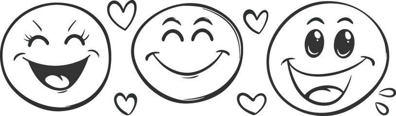 Hand drawn vector happy face emoticons with hearts doodle sketch style cute funny emoji icons positive emotions happiness joy love Valentine's Day social media communication online chat message