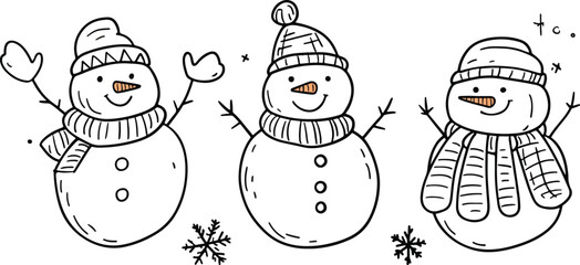 Three Cute Christmas Snowman Vector Illustration Winter Holiday Festive Cheer Cartoon Doodle Drawing Snowflakes Festive Decor Christmas Card Design Winter Wonderland Scene Happy Snowman Family