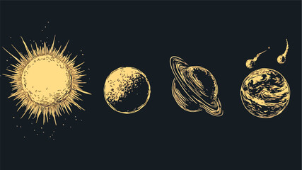 Sun Moon Stars and Planets Vector Illustration Set Astronomy Galaxy Solar System Space Universe Celestial Bodies Planets Surface Cosmic Exploration Science Fiction Fantasy Design Elements Isolated
