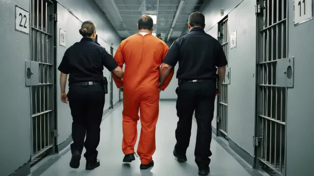 Correctional Officers Escorting Handcuffed Prisoner in Orange Jumpsuit Through Prison Cell Hallway, Law Enforcement Personnel Walking with Inmate