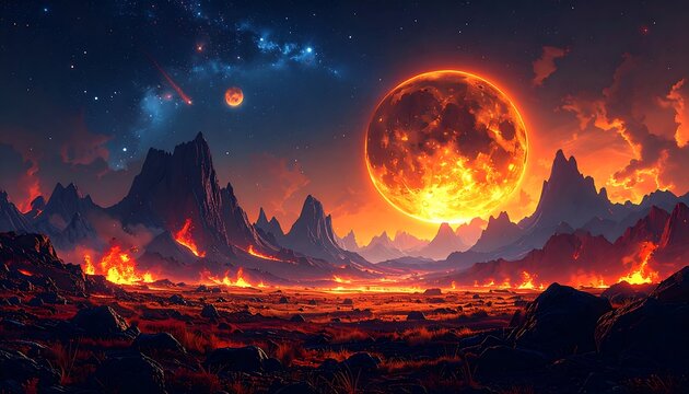 Fiery Alien Landscape with Burning Planet. - Powered by Adobe