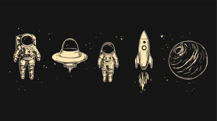 Astronaut Spacewalk UFO Rocket and Planet Vector Illustration Space Exploration Galaxy Universe Cosmos Science Fiction Astronauts in Space Suit Floating in Outer Space with Flying Saucer Spaceship © Hoody Baba