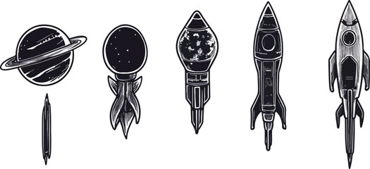 Five vintage rockets launching from planet to space startup growth business concept vector illustration monochrome space exploration set interstellar travel spacecraft retro spaceship icon universe © Hoody Baba