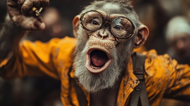A playful monkey dons glasses and an orange shirt, engaging viewers with its exuberant expression, reflecting both humor and a vintage artistic approach.