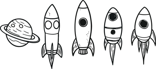 Set of hand drawn space rockets and planet saturn doodle vector illustration launch spaceship startup business concept new project development creative idea symbol exploration cosmos galaxy universe