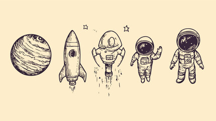 Space exploration vector set planet rocket astronaut stars hand drawn vintage style space travel universe galaxy cosmic adventure science fiction astronomy exploration mission spaceship cosmonaut © Hoody Baba