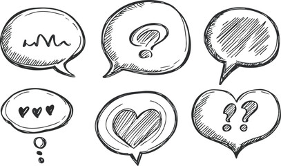Hand Drawn Speech Bubble Vector Set Doodle Style Communication Chat Message Icons Talking Thinking Question Love Heart Sketch Illustration Social Media Design Elements Isolated on White Background
