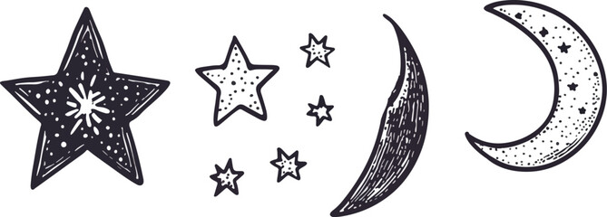 Obraz premium Hand-drawn celestial set with stars and moon phases vector illustration sketch doodle style astronomy astrology space galaxy night sky crescent moon stars clipart tattoo design bohemian esoteric