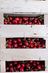 Freshly harvested cherries in wooden crates displayed at a local market in summer