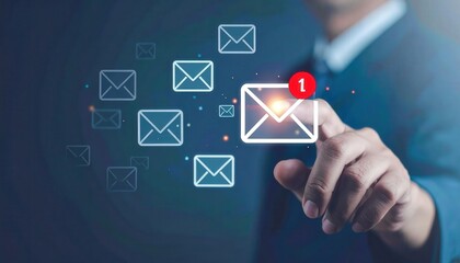 Glowing Red Notification Icon with Emails and Fingertip Touching Screen