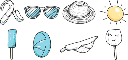Summer Vibes Vector Pack Sunglasses Beach Ball Popsicle Sun Hat Candy Cap Ice Cream and Sun Hand Drawn Doodle Style Vector Illustration for Summer Vacation Holiday Travel Design Elements Isolated