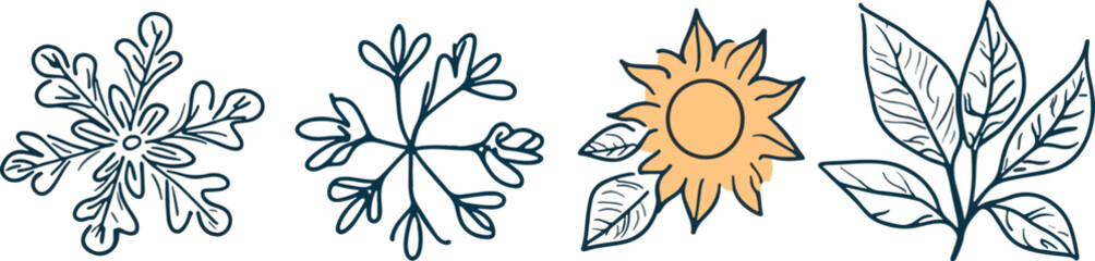 Four Seasons Nature Icons Set Hand Drawn Doodle Style Winter Snowflake Spring Blossom Summer Sunflower Autumn Leaves Vector Illustration Concept of Cyclical Nature Change and Different Seasons