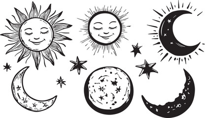 Set of celestial sun moon and stars vector illustration boho style sticker tattoo design black and white line art space galaxy planet clipart esoteric witchcraft astronomy doodle drawing isolated © Hoody Baba