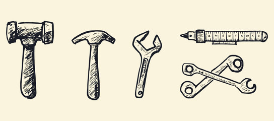 Hand-drawn vector illustration of various tools including hammer, mallet, wrench, screwdriver, and ruler isolated on beige background construction tools set sketch equipment for home repair service