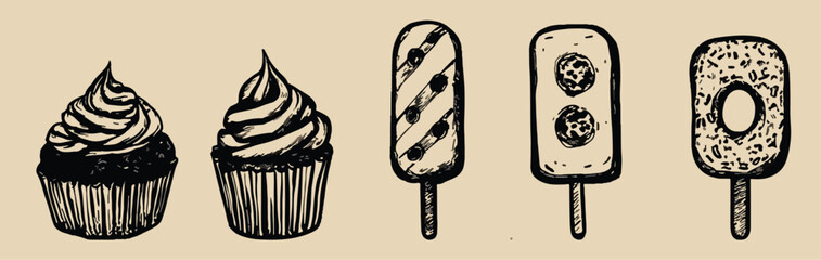 Hand-drawn vector illustration of cupcakes and popsicles, ideal for menu design, dessert shop branding, cafe logos, bakery websites, packaging, recipe books, and food blogs, featuring vintage,