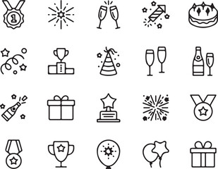 celebration, prize, awards, medal, winning, champagne, fireworks, birthday, gift, present, event, party, festive, congratulation, success, achievement, vector, icon, set, collection, design, symbol, o