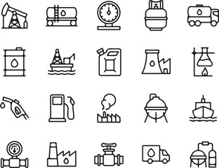 oil, gas, industry, icons, symbols, outline, vector, illustration, set, petrol, fuel, drilling, refinery, factory, pipeline, tanker, truck, barrel, rig, gasoline, pump, gauge, valve, vessel, storage