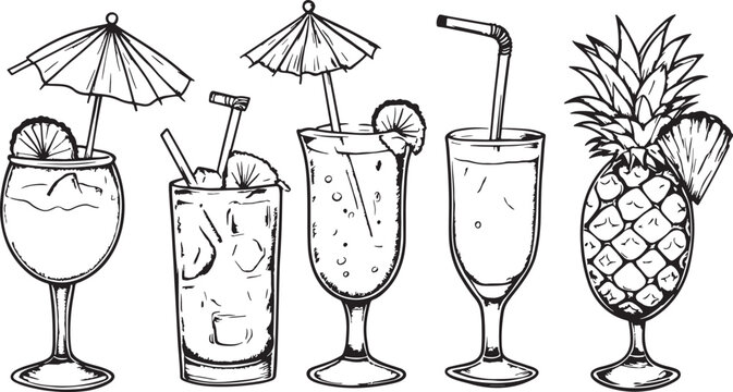 Set of summer cocktails alcohol drinks with straws ice cubes lemon slice and cocktail umbrella Hand drawn vector illustration Isolated on white background Tropical cocktails collection for bar menu