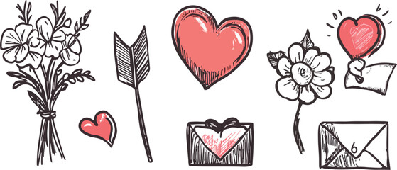 Valentines Day Hand Drawn Vector Elements Set with Hearts Flowers Bouquet Letter and Arrow Romantic Design for Greeting Cards Invitations Wedding Decorations Scrapbooking Love Symbols and Icons © Hoody Baba