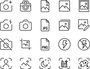 photography, photo, camera, icon, vector, outline, line art, set, collection, design, image, photo editing, jpg, png, flash, landscape, portrait, add, upload, camera icon, edit, crop, no camera, focus