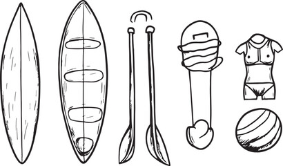 Surfboard Sup Board Paddle Bikini Surf Leash and Fitness Ball Hand Drawn Vector Illustration Set Isolated on White Background Summer Beach Recreation Surfing Related Equipment Doodle Style Drawing