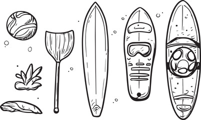 Set of Surfboards Paddle Ball Diving Mask Snorkel Fins and Seaweed Hand Drawn Vector Illustration Isolated on White Background Surfing Water Sports Summer Vacation Beach Activities Ocean Lifestyle