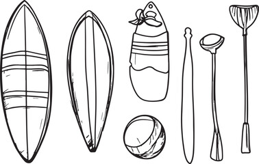 Surfboard Paddle Ball Coconut Wax Surfing Accessories Summer Beach Vacation Surfing Sports Water Sports Surfing Gear Surfing Equipment Black and White Line Art Hand Drawn Doodle Vector Illustration