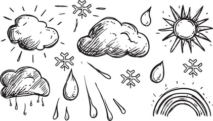 Obraz premium Hand Drawn Weather Doodle Vector Set Sun Cloud Rain Snow Rainbow Sketch Illustration Graphic Design Element Black and White Isolated on White Background Climate Meteorology Atmosphere Forecast