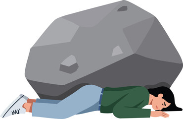Person lying down under heavy large gray rock burden symbolizing stress and pressure illustration 