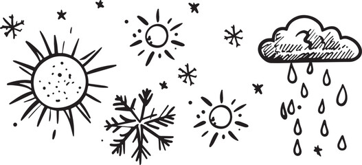 Hand-drawn weather icons set suns snowflake cloud and rain doodle style vector illustration isolated on white background weather forecast meteorology climate change seasons sunny rainy snowy winter