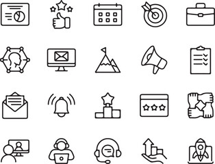 business, marketing, icons, vector, set, outline, design, success, finance, strategy, target, communication, email, notification, calendar, customer, feedback, teamwork, achievement, support, presenta