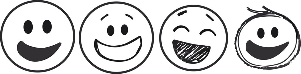 Set of Hand-drawn Smiley Face Vectors Different Expressions Happy Emoticons Positive Emotions Happiness Joy Satisfaction Contentment Cheerful Mood Good Vibes Graphic Design Element Illustration