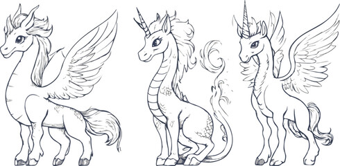Three Winged Unicorn Horses Fantasy Mythological Creatures Pegasus Vector Illustration Line Art Drawing Sketch Design for Coloring Book Page Kids T-shirt Print Tattoo Emblem Logo Symbol Icon Mascot