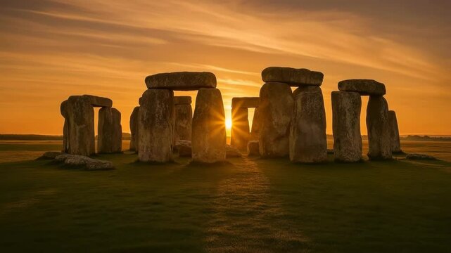 Stonehenge megalithic monument with sun rising through stone trilithons. Ancient stone circle showcasing prehistoric astronomical alignment and ceremonial architecture in golden light.