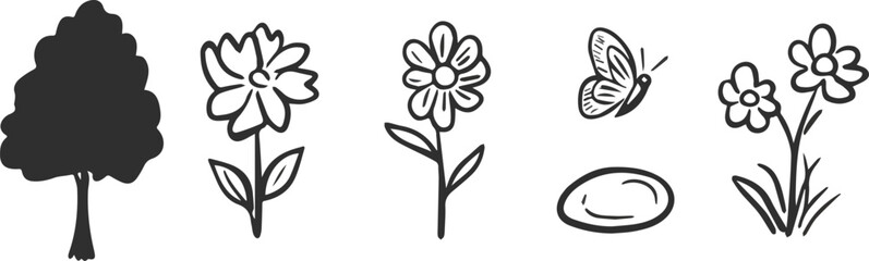 Hand Drawn Nature Elements Set Vector Illustration Tree Flower Butterfly and Stone Doodle Style Black and White Simple Design for Kids Coloring Books or Nature Themes