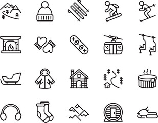 winter, sports, icons, snowboarding, skiing, snowmobile, mountain, cabin, chalet, beanie, mittens, gloves, fireplace, sled, coat, hot tub, sauna, headphones, socks, chairlift, trees, vector, 