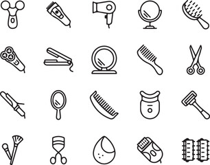 beauty, hair, care, equipment, tools, icons, set, vector, illustration, line art, black, minimalist, mirror, brush, comb, hair dryer, scissors, shaver, curling iron, hair curlers, trimmer, electric sh