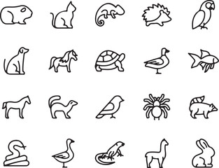animals, icons, outline, vector, set, collection, guinea pig, cat, chameleon, hedgehog, parrot, dog, horse, turtle, duck, fish, bird, spider, raccoon, snake, goose, iguana, llama, rabbit, simple