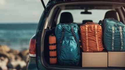 A car trunk filled with colorful travel bags, boxes, and luggage, poised against a stunning beach backdrop, highlighting adventure, exploration, and outdoor journeys.