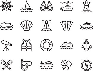 nautical, maritime, marine, sea, ocean, boat, ship, sailboat, yacht, cruise, submarine, lighthouse, buoy, life preserver, life vest, binoculars, telescope, compass, anchor, paddles, snorkel, fins, 
