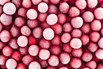 Group of frozen cherries as background, top view. Ripe frozen sweet cherry. Juicy cherries.